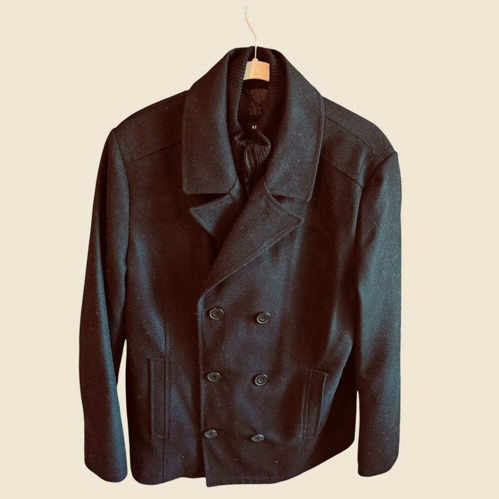 Kenneth Cole NY Men's Wool Blend Pea Coat Quilted Bib Mock Neck Black L NWOT